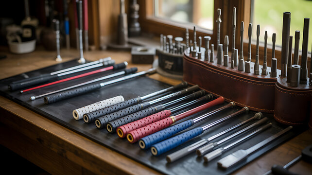 Close up of golf club making equipment on a workbench, golf club grips and tools for repair golf