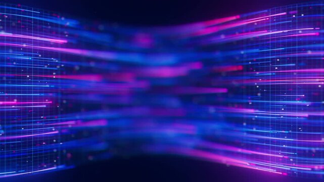 Closeup of Big data light speed warped flow. Abstract digital data stream of quantum computing. Cyberspace of qubit trail waves. Modern tech information transmission.