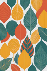 Colorful leaves in red, orange, yellow, and teal. A pattern of autumnal foliage.
