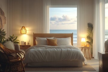 Fototapeta premium Cozy bedroom with ocean view at sunset time