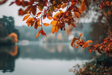 Autumn leaves over a lake