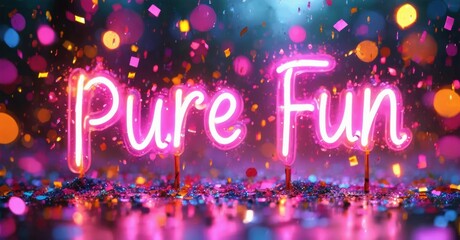 Bright neon sign displays Pure Fun amid colorful confetti, vibrant bokeh lights create festive atmosphere.