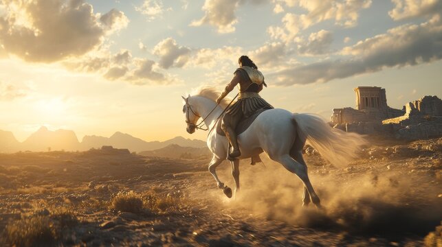 A cinematic moment of Alexander the Great taming Bucephalus, ancient Greek setting, intense focus, photorealistic detail