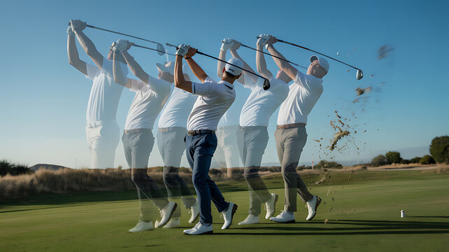 Man demonstrating golf swing sequence on sunny day with blue sky and green grass in the background golf