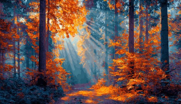 Autumn forest path bathed in sunlight