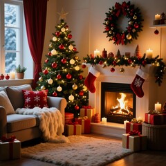 Fototapeta premium A cozy living room is adorned with a shimmering Christmas tree, warm lights, and thoughtful decorations. Stockings hang by the fireplace, creating a festive atmosphere for the New Year Generative AI