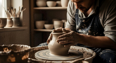 Artisan focused on pottery creation utilizing a spinning wheel in a rustic workshop setting