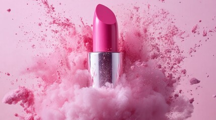 Vibrant pink lipstick featured at the center of a stunning pink explosion with floral accents