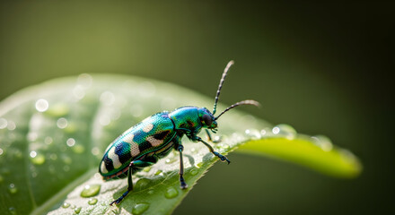 Close up shot of a colorful beetle on a leaf with water droplets in a green environment