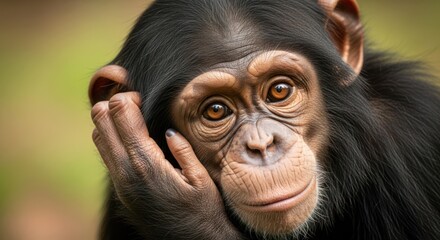 Close-up portrait of a young chimpanzee with thoughtful expression