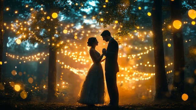 Bride and groom dancing under fairy lights in a forest, cinematic style, ethereal atmosphere 