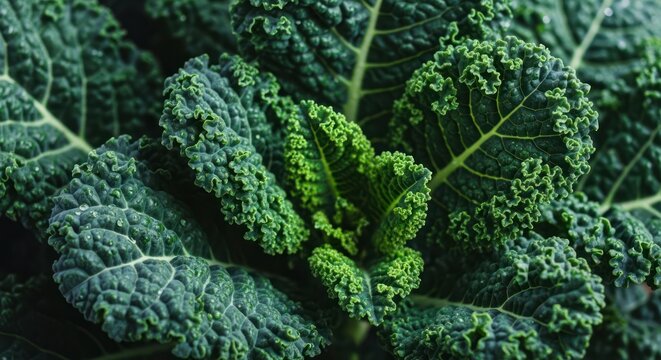 Close-up of fresh green kale leaves with curly edges and water drops