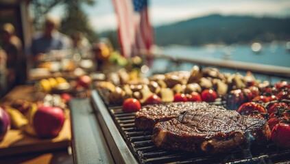 Outdoor BBQ with steaks and vegetables