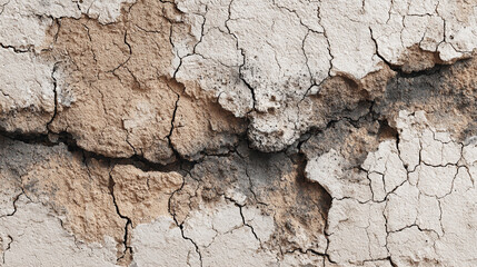 Fototapeta premium Cracked wall texture showing aged weathered beige and gray plaster