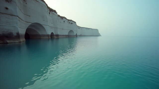 Coastal cliff faces and ocean landscape, a serene and stunning nature scene. The cliff face exhibits geological formations, set against an endless water body with a misty atmosphere.