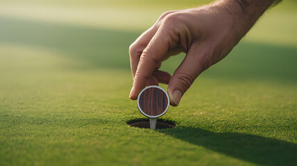 Closeup of a hand placing a ball marker on the green, marking the spot on the golf course golf