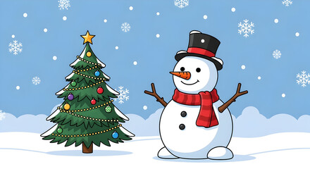 Cartoon illustration of a snowman next to a decorated christmas tree in winter scenery
