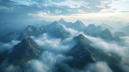 Aerial view of majestic mountain range with sharp peaks covered in lush green vegetation, shrouded in white clouds under a partly cloudy sky during daytime