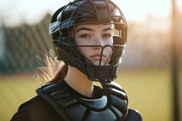 Female baseball catcher in gear on sunny day