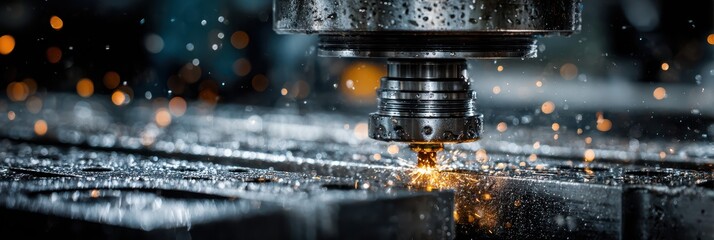 Precision machining process at a modern factory with sparks flying and coolant spraying on metal