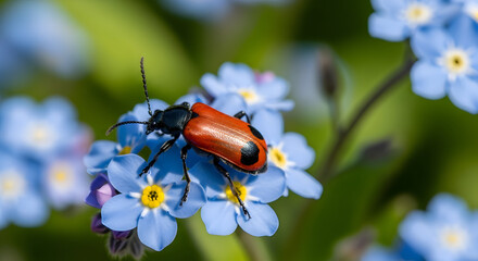 Macro photograph showcases a vibrant red beetle resting gently on delicate blue forget-me-not