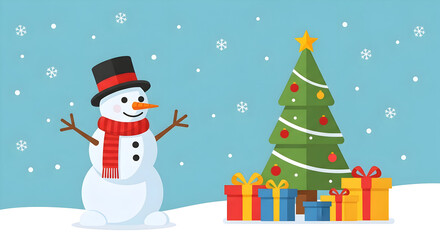Festive Christmas Scene with Snowman Tree and Presents vector illustration