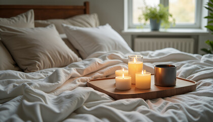 A cozy bedroom scene, showcasing a wooden tray with several lit candles placed on the soft bedding, creating a sense of warmth and relaxation. The room is bathed in natural light