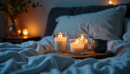 A serene and relaxing bedroom scene with candles burning on a wooden tray. The candles cast a warm glow on the bed and pillows, creating a cozy atmosphere