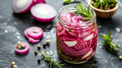 Vibrant pickled red onions with fresh herbs preserved in a mason jar for flavorful dishes
