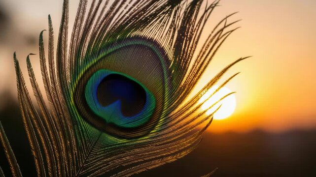 Stunning peacock feather showcasing vibrant eye against a warm sunset sky