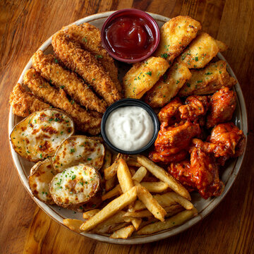 Platter of Assorted Appetizers with Chicken Wings, Fries, Potato Skins, and Dipping Sauces