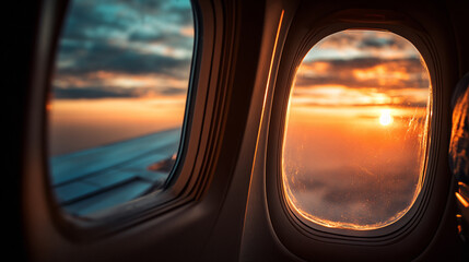 Naklejka premium Airplane window sunset view clouds sky orange hues flight travel journey