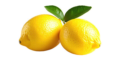 Two vibrant yellow lemons, slightly overlapping, are prominently displayed against a pure black background.  Fresh green leaves rest atop the lemons