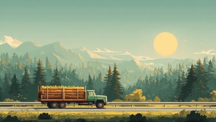 Pixel art truck on a highway through a mountain landscape