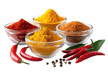 Four small glass bowls of colorful spices,  chili peppers, and peppercorns