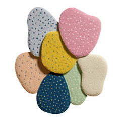 Abstract flower design with pastel-colored, textured ovals and polka dots