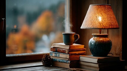 Enjoy a cozy autumn evening with a steaming cup of coffee by the window, lost in your favorite book under the warm glow of a lamp, creating a peaceful ambiance