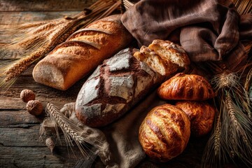 Assorted loaves of bread on rustic wooden table