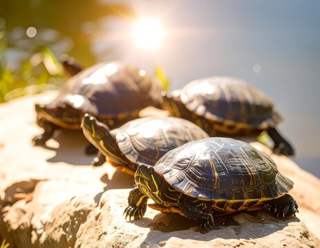 Four turtles basking in sunlight