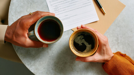 Birds eye view of two coffee cups on table during therapy meeting with documents and pen creating anonymous consultation atmosphere