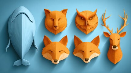 Obraz premium Papercut animal heads, light blue background. Five stylized animal portraits?whale, wolf, owl, fox, deer?rendered in a papercut style with bold colors and shadows