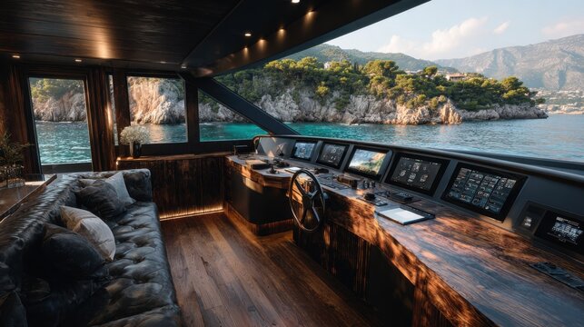 Yacht interior with digital dashboard