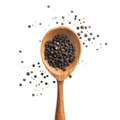 Wooden spoon filled with peppercorns, surrounded by scattered pepper