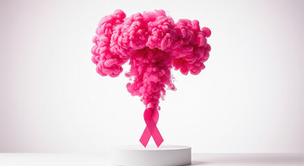 Pink ribbon on a pedestal with an explosion of pink smoke. Concept for a powerful breast cancer awareness campaign.