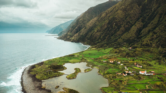 Aerial View of Faj&atilde; dos cubres and da Caldeira de Santo Cristo, S&atilde;o Jorge Island, Azores