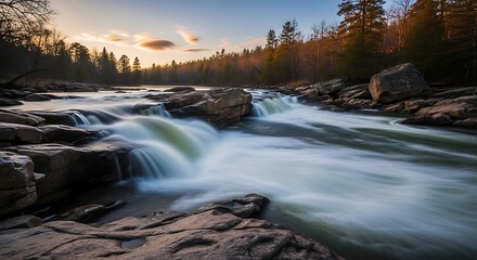 River flowing through rocky landscape at sunset.