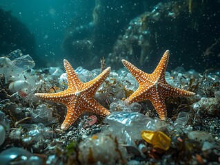 Two vibrantly colored starfish rest on a marine seabed heavily contaminated by plastic pollution and debris