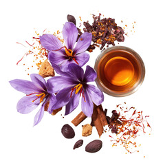 Saffron flowers, spices, and tea in a top-down view