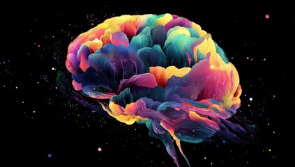Colorful abstract representation of a brain against a dark background