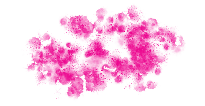 A vibrant hot pink paint splatter creates a bold, abstract visual impact on black.